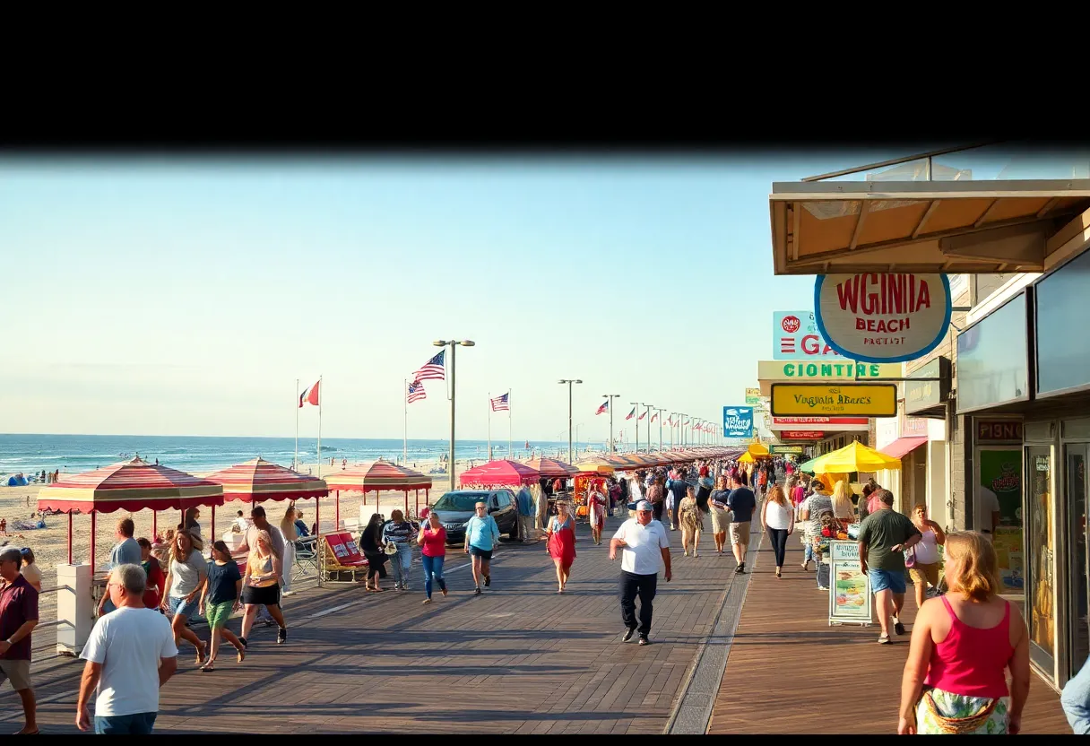 Crowds of tourists enjoying the Virginia Beach Oceanfront with shops and beach in the background