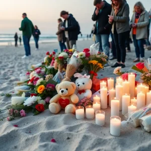 Memorial at Virginia Beach Fishing Pier with flowers and candles