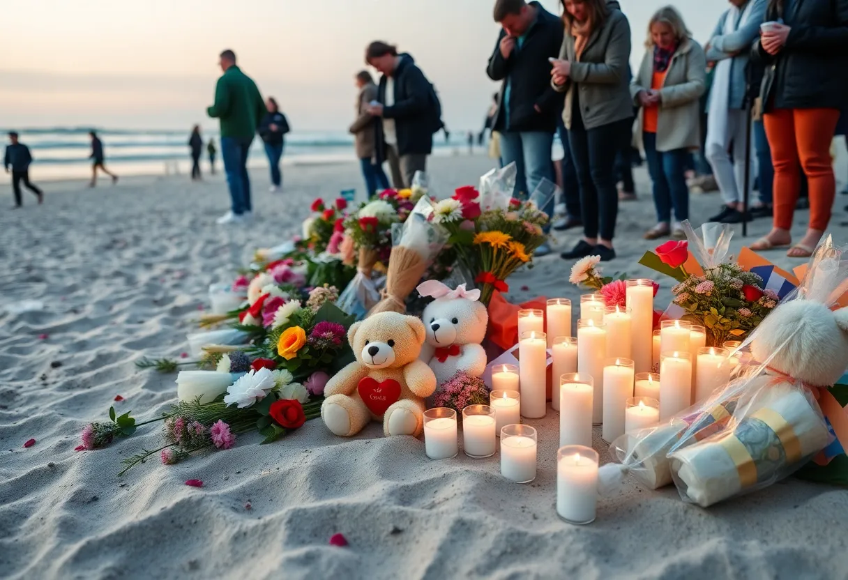 Memorial at Virginia Beach Fishing Pier with flowers and candles
