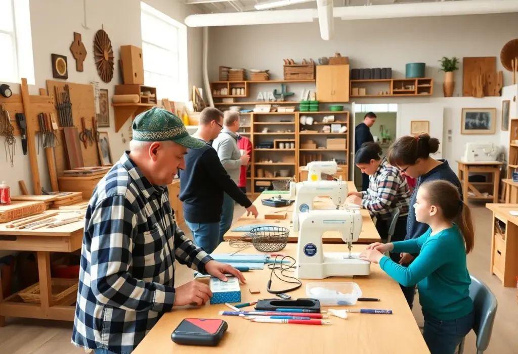 Veterans and families participating in arts workshops in a community center