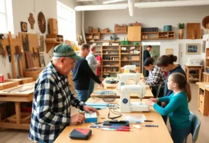 Veterans and families participating in arts workshops in a community center