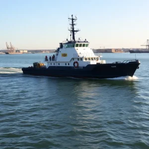 Modern dredging vessel working near a U.S. port with coastal scenery