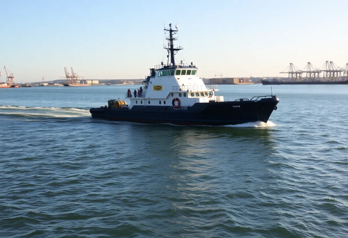 Modern dredging vessel working near a U.S. port with coastal scenery