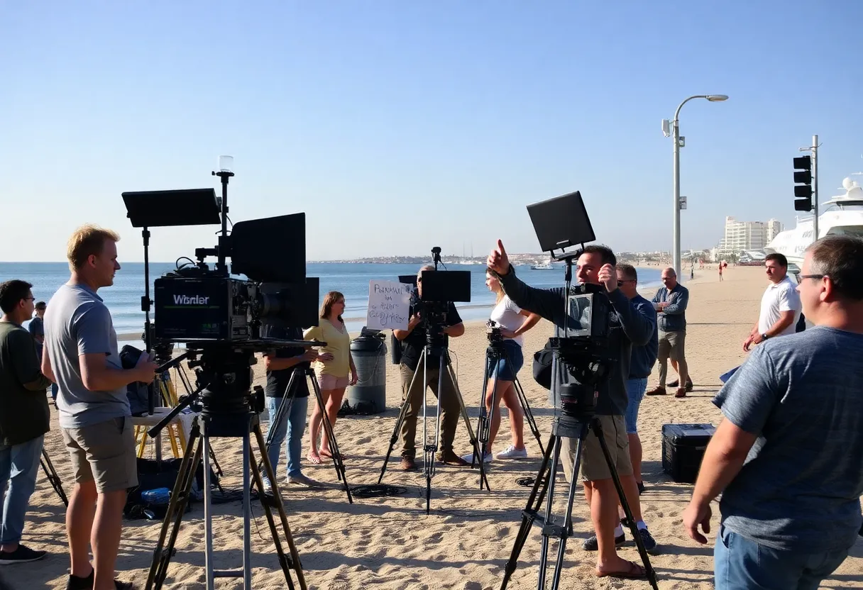 Film crew working on a production set near Virginia Beach coastline