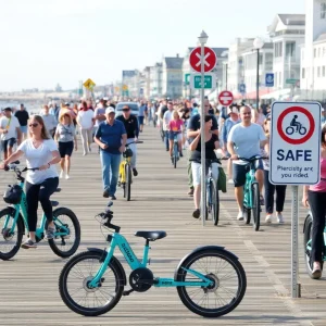 Virginia Beach Boardwalk filled with pedestrians and e-bikes