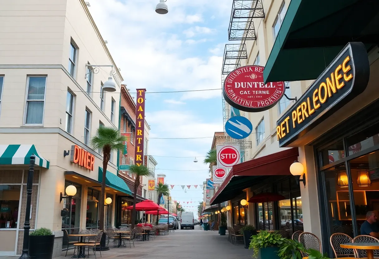 Busy Virginia Beach street with restaurants and outdoor seating