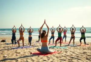 Community wellness event with yoga and coastal conservation.