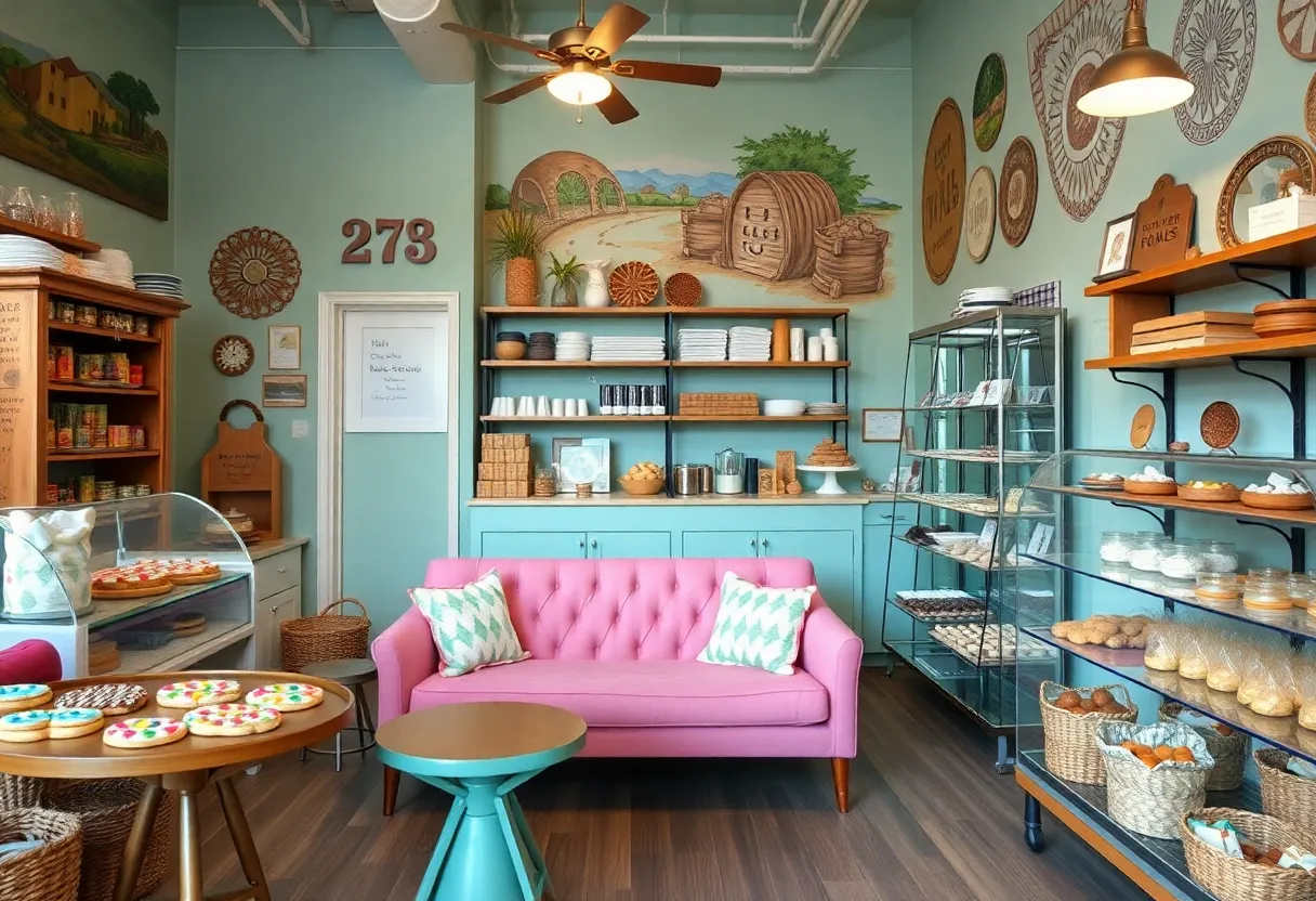 Colorful cookies displayed in a cozy retail shop with community ambiance