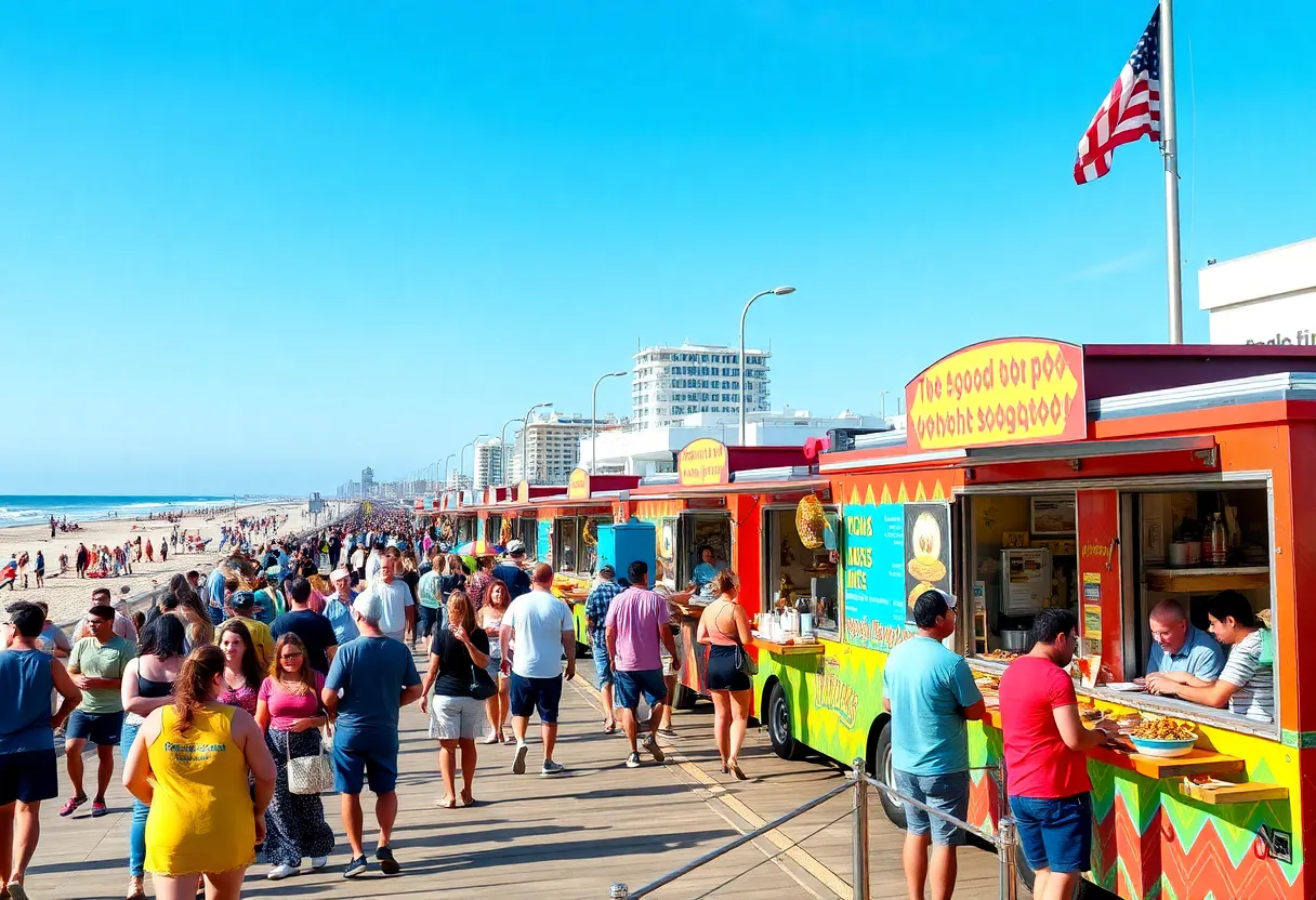 Colorful food trucks on a beachside boardwalk with crowds enjoying food in Virginia Beach