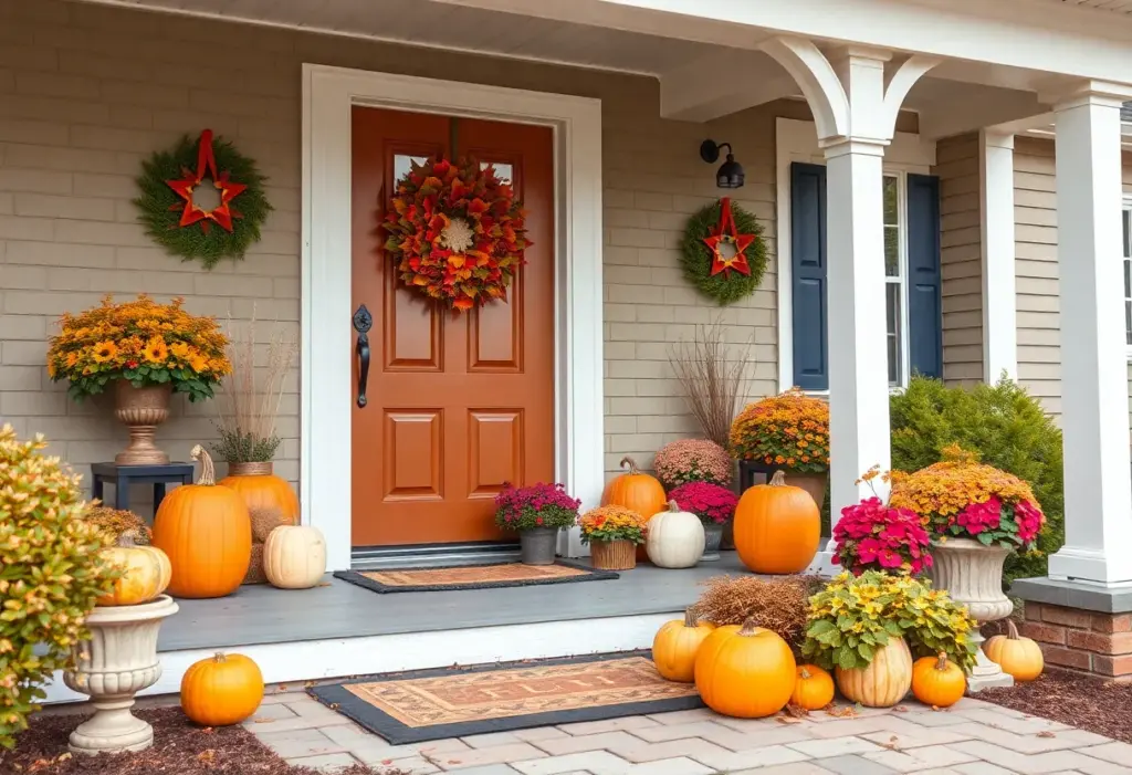 Decorated porch with pumpkins and fall decorations