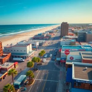 Aerial view of Virginia Beach showing busy streets, restaurants, and beachside attractions