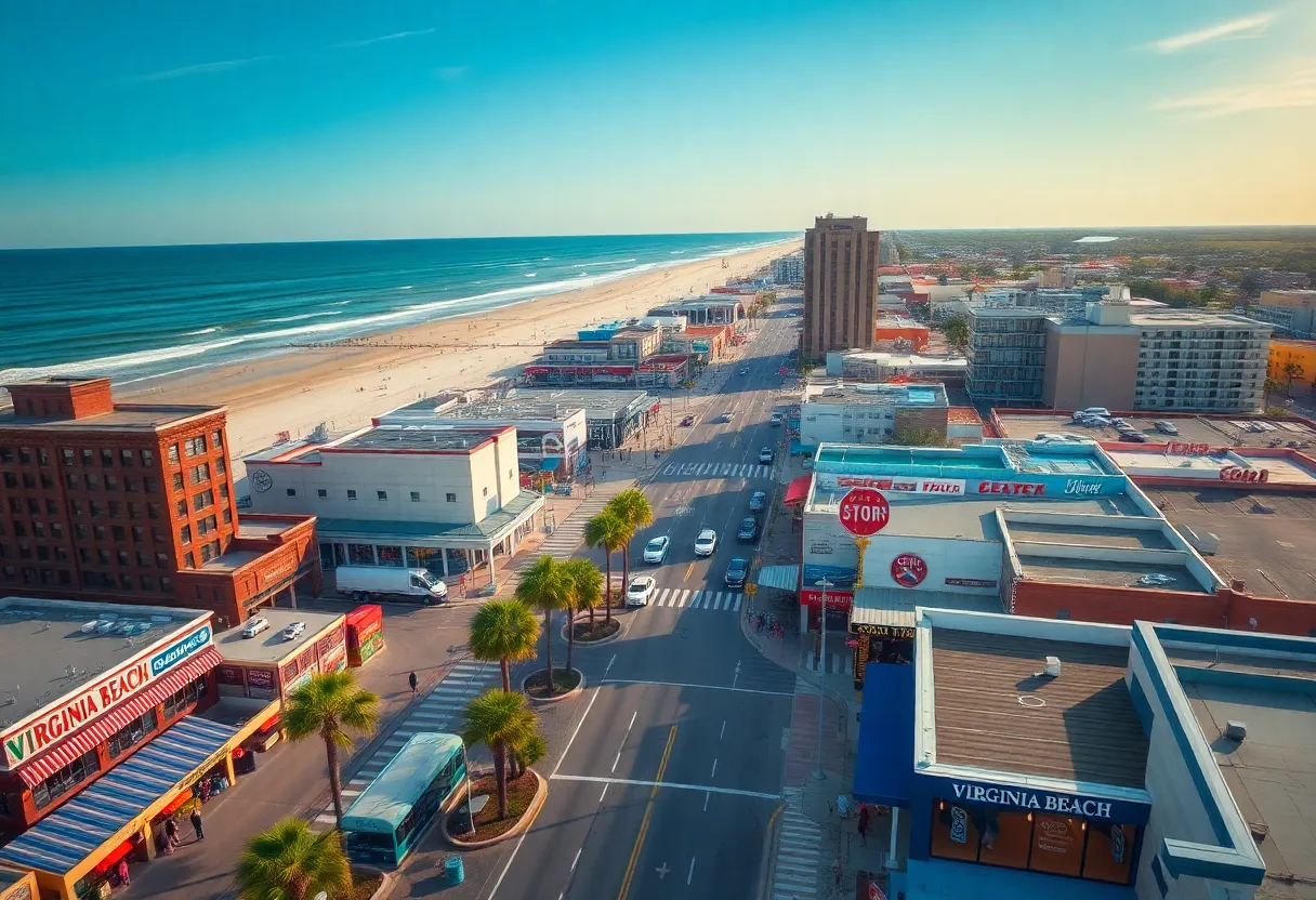Aerial view of Virginia Beach showing busy streets, restaurants, and beachside attractions
