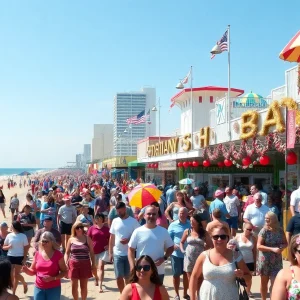Crowd of people enjoying Labor Day festivities along the Virginia Beach boardwalk on a sunny day