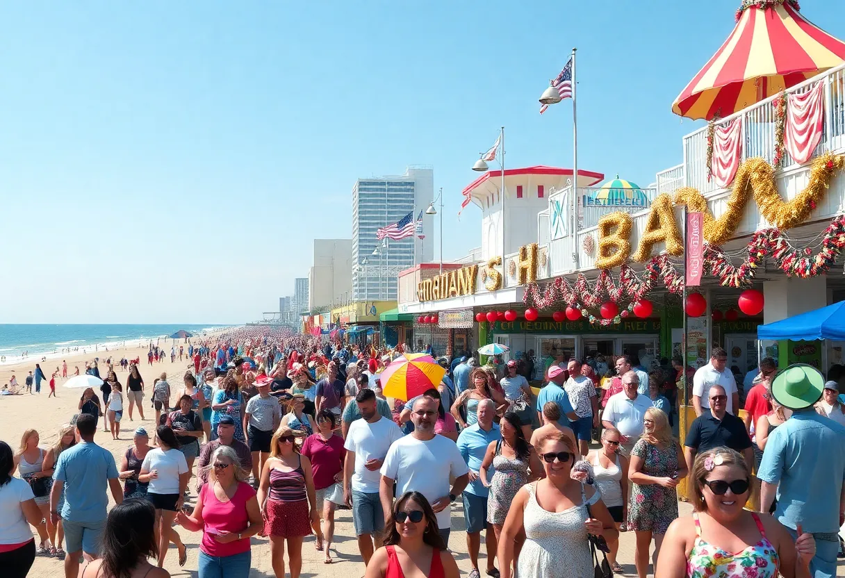Crowd of people enjoying Labor Day festivities along the Virginia Beach boardwalk on a sunny day