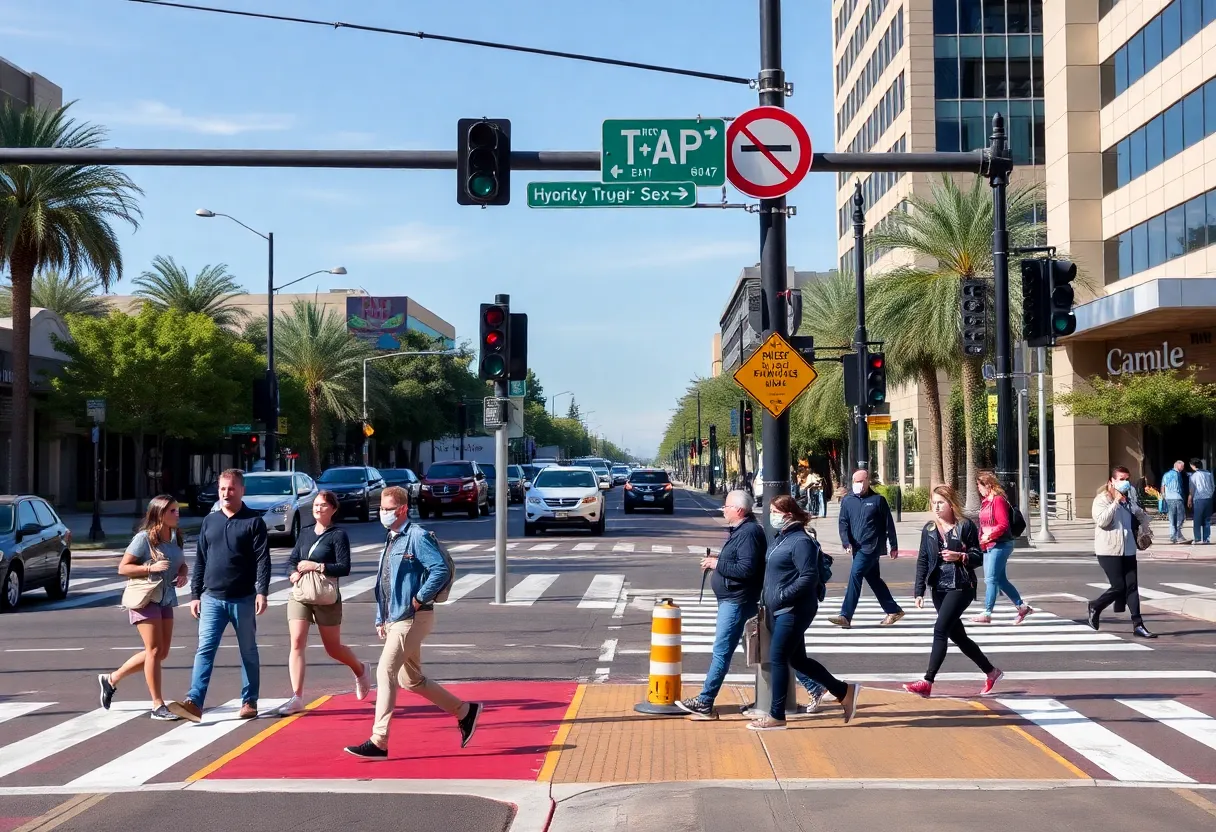 Urban intersection showing pedestrian traffic in Tucson and Phoenix