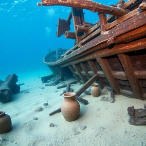 Underwater view of an 18th-century shipwreck with artifacts