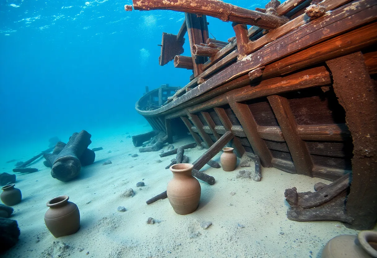 Underwater view of an 18th-century shipwreck with artifacts