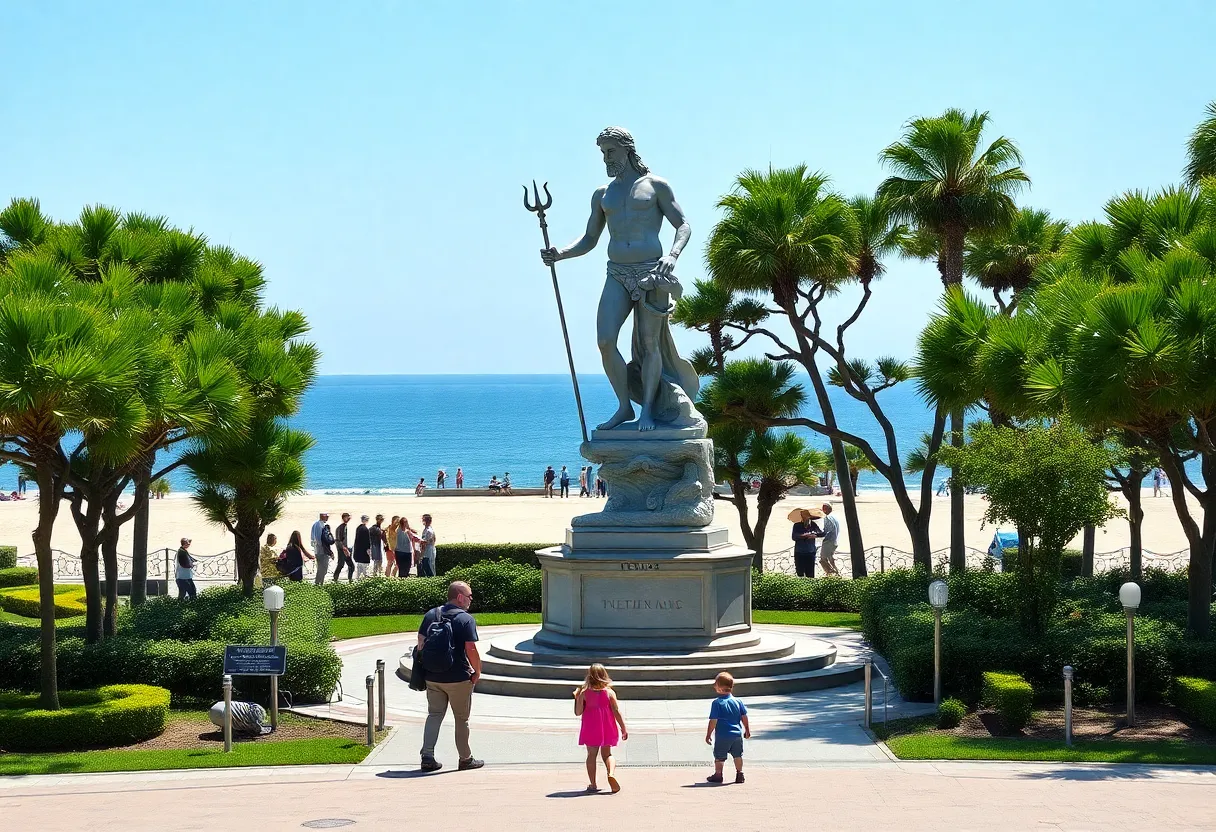 Scenic view of Neptune's Park in Virginia Beach with families enjoying the area.