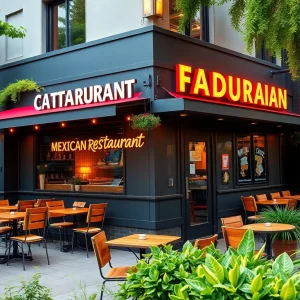 Contemporary restaurant with outdoor seating and stylish architecture in a vibrant urban setting