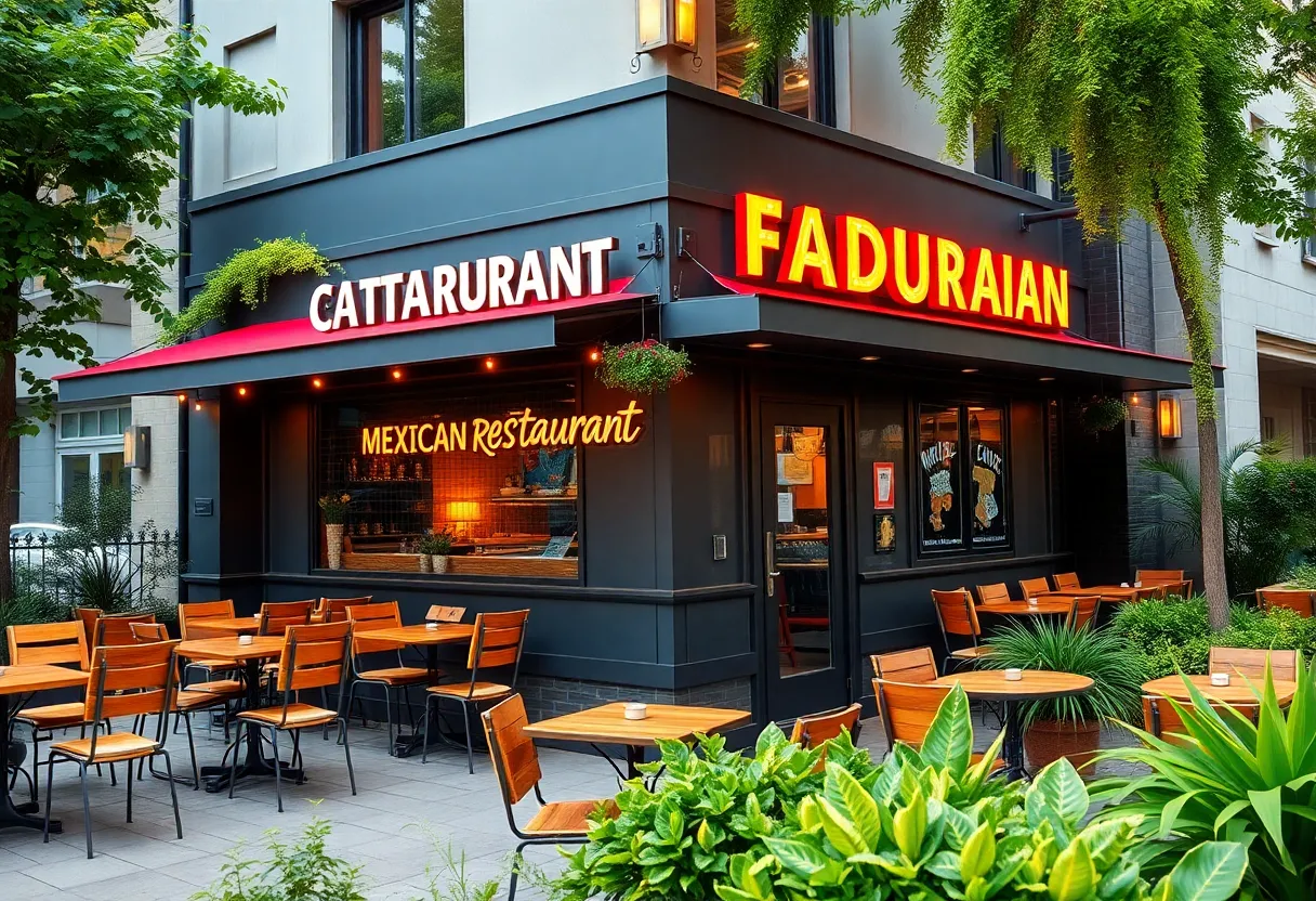 Contemporary restaurant with outdoor seating and stylish architecture in a vibrant urban setting