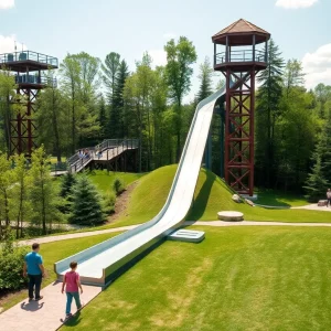 Children sliding down the longest steel slide at Owl Creek Landing in Virginia Beach with scenic forest views