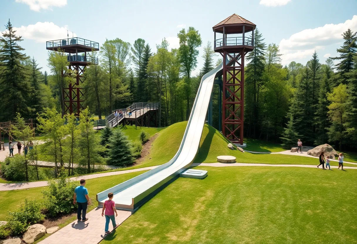 Children sliding down the longest steel slide at Owl Creek Landing in Virginia Beach with scenic forest views