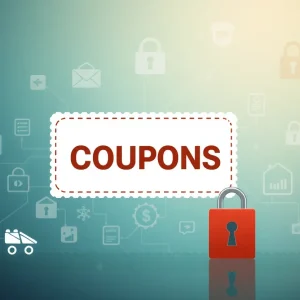 Digital illustration of counterfeit coupons and online security symbols