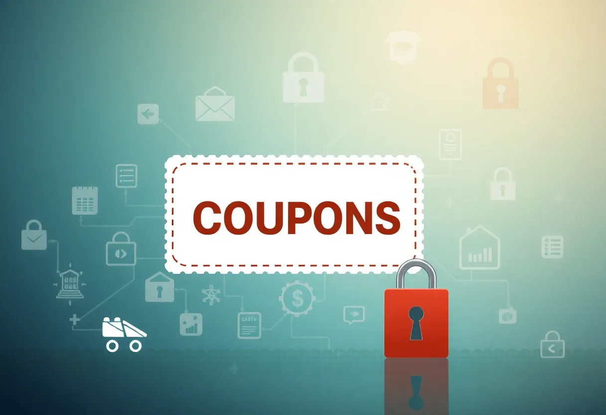 Digital illustration of counterfeit coupons and online security symbols