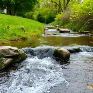 Creek with bubbling water and greenery showing environmental activity