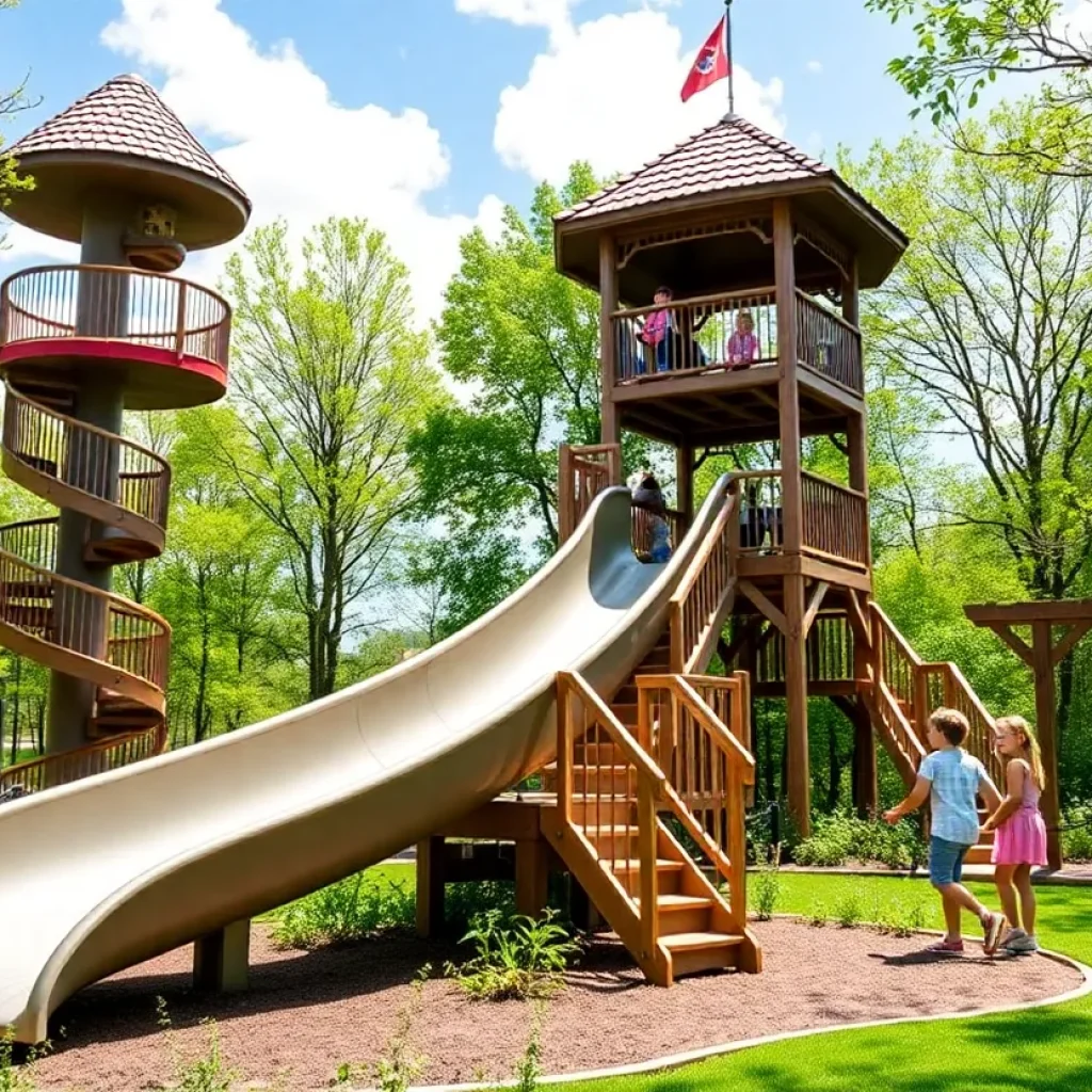 Families exploring the outdoor attractions at Owl Creek Landing, including the spiral slide and lookout tower.