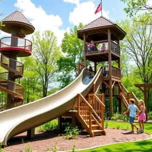 Families exploring the outdoor attractions at Owl Creek Landing, including the spiral slide and lookout tower.