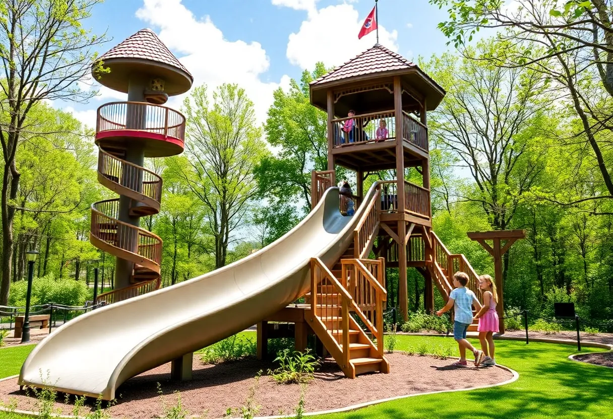 Families exploring the outdoor attractions at Owl Creek Landing, including the spiral slide and lookout tower.
