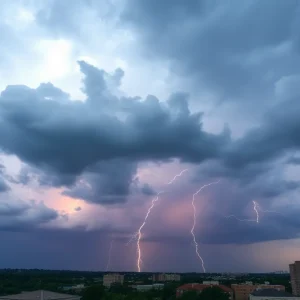 Storm clouds gathering over a Massachusetts city skyline