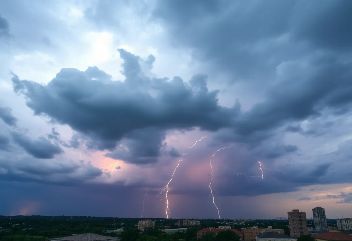 Storm clouds gathering over a Massachusetts city skyline