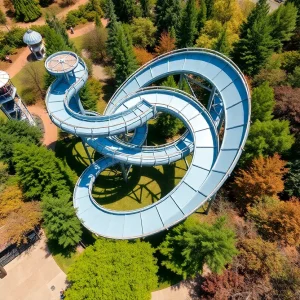 Aerial of a spiraling steel slide and tall observation tower among trees in Virginia Beach's outdoor park