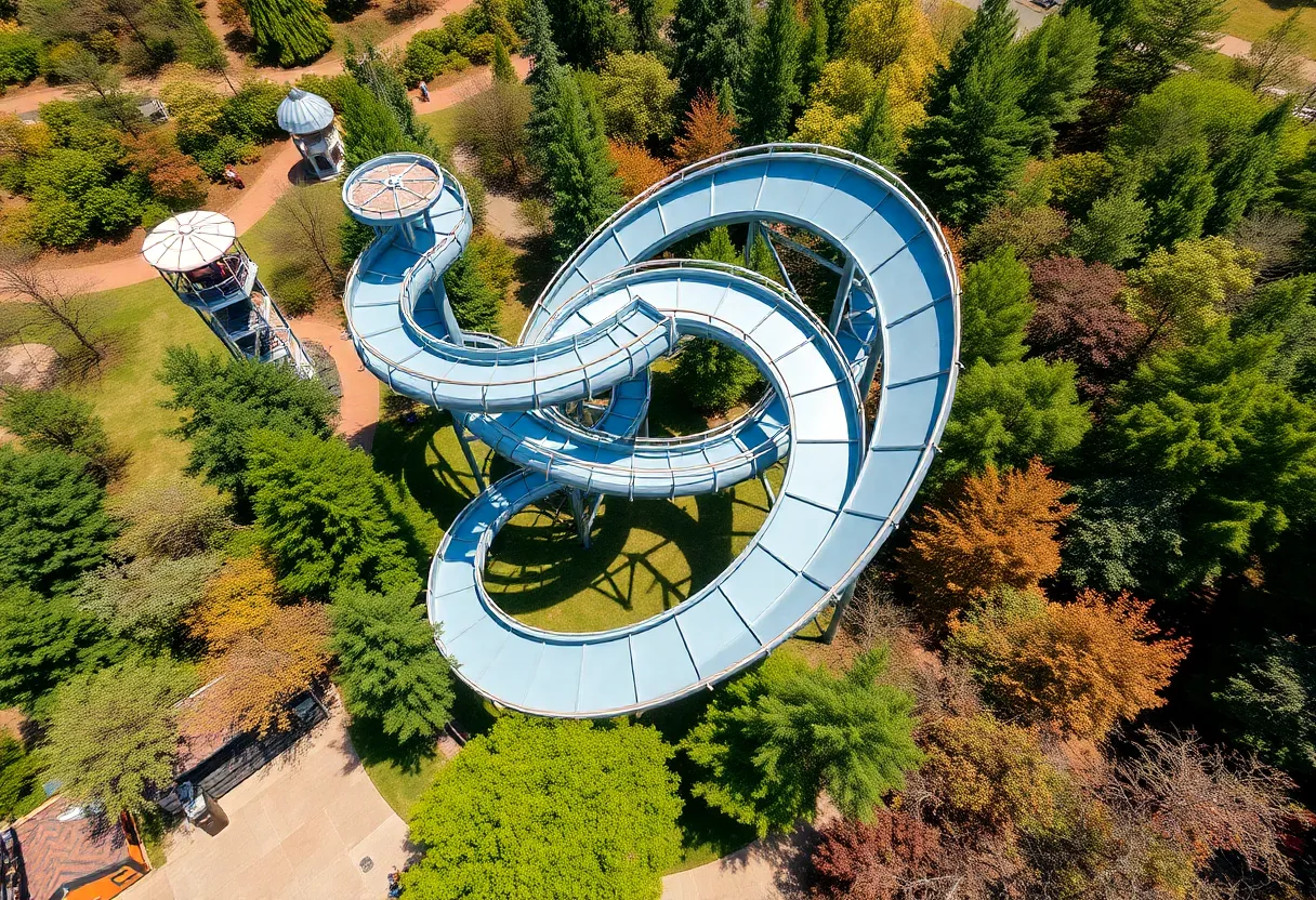 Aerial of a spiraling steel slide and tall observation tower among trees in Virginia Beach's outdoor park