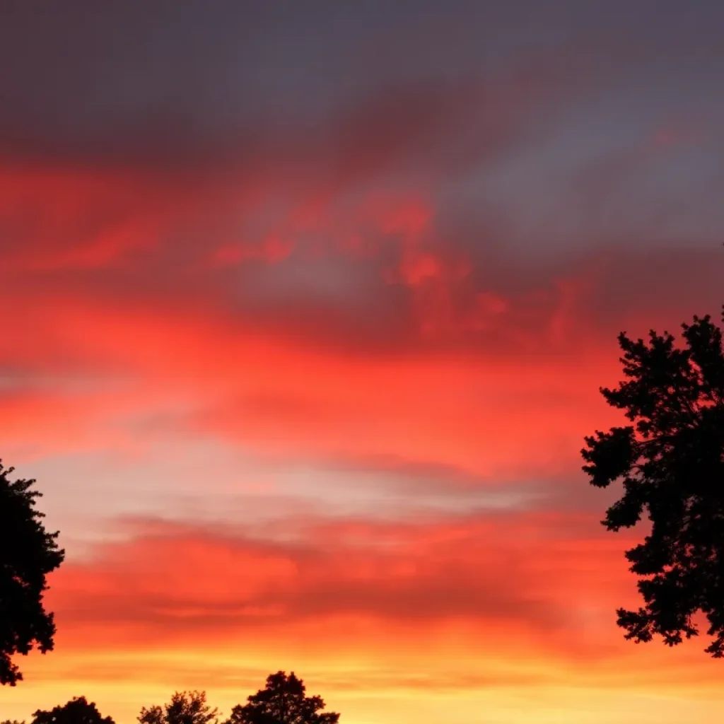 Vibrant sunset sky over Virginia with hazy conditions