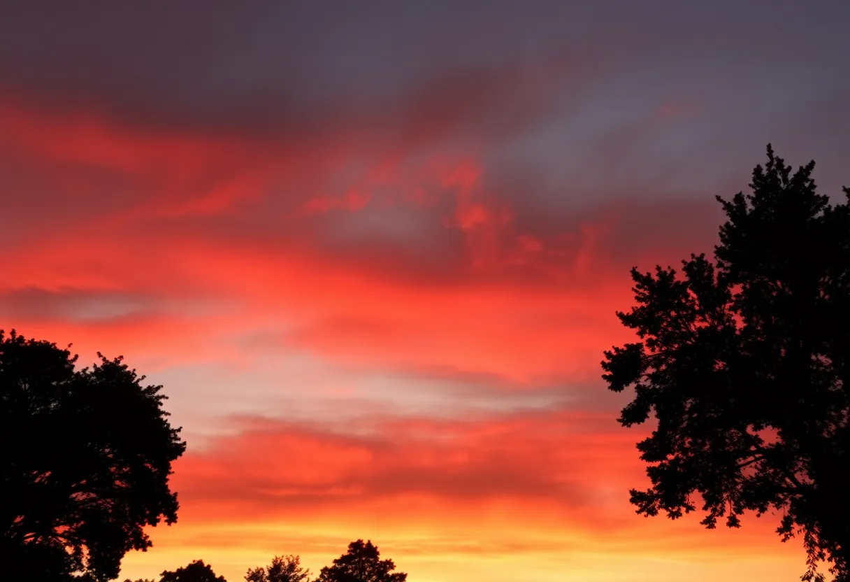 Vibrant sunset sky over Virginia with hazy conditions