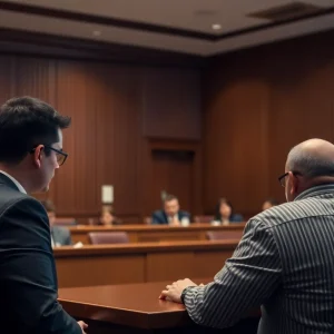 A courtroom during a parole hearing with concerned family members