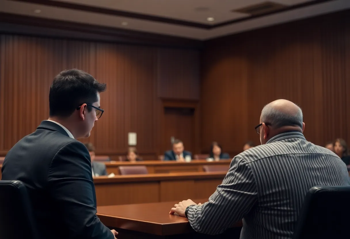 A courtroom during a parole hearing with concerned family members