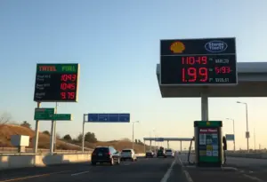 Gas station with fuel prices and vehicles on the highway