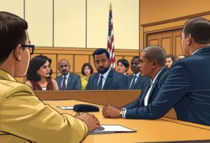 Courtroom setting depicting legal proceedings