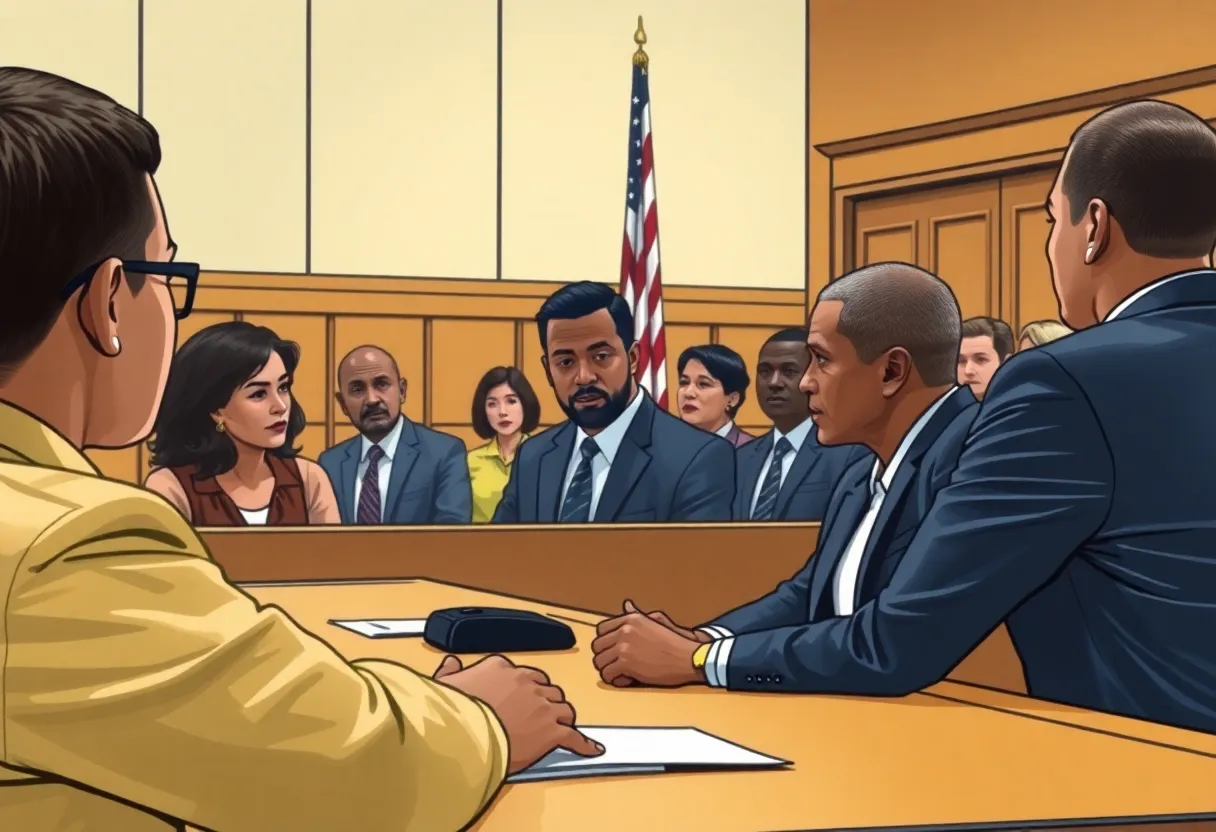Courtroom setting depicting legal proceedings