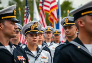 Naval officers in uniform at a graduation ceremony with flags and spectators