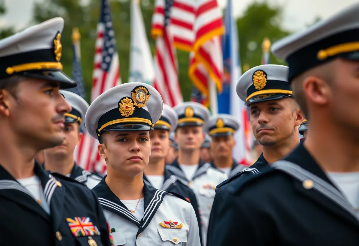Naval officers in uniform at a graduation ceremony with flags and spectators
