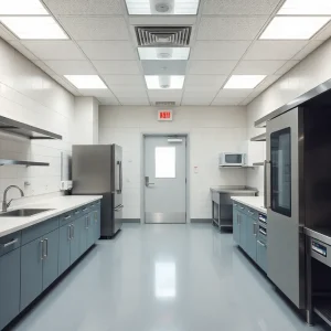 Clean and modern correctional kitchen with bright lighting and updated equipment