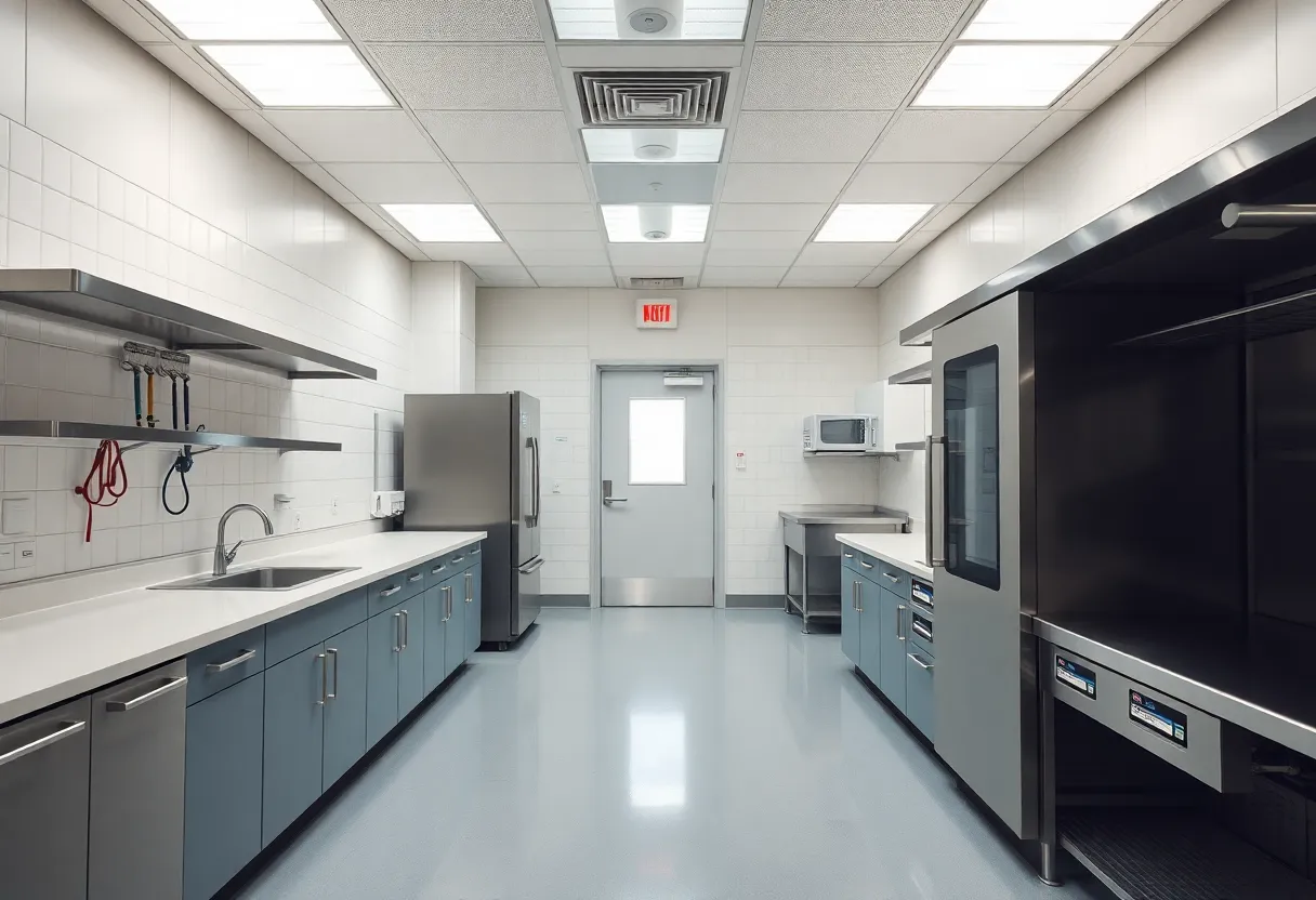 Clean and modern correctional kitchen with bright lighting and updated equipment