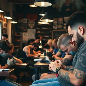 Tattoo artists working and community rallying around a studio site after a fire