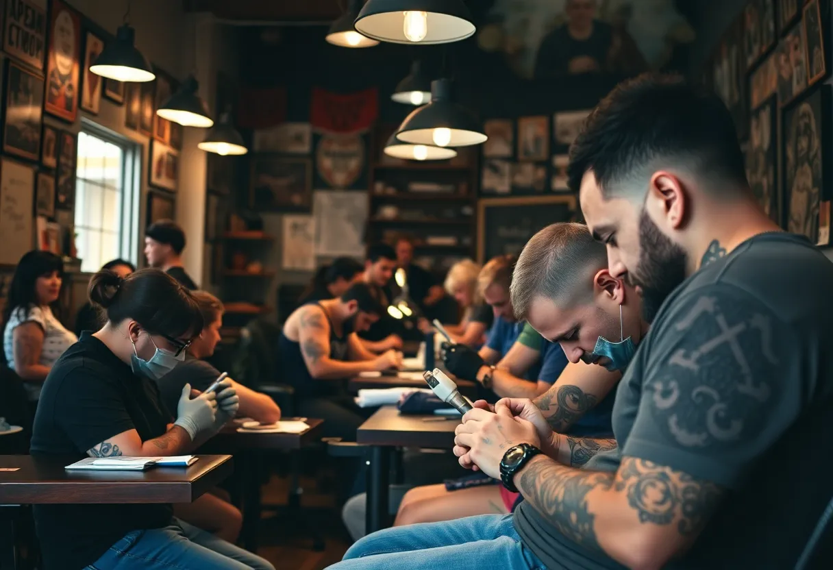Tattoo artists working and community rallying around a studio site after a fire