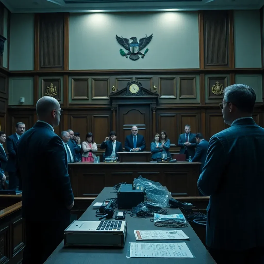 Dramatic courtroom scene depicting the trial of a cold case involving DNA evidence